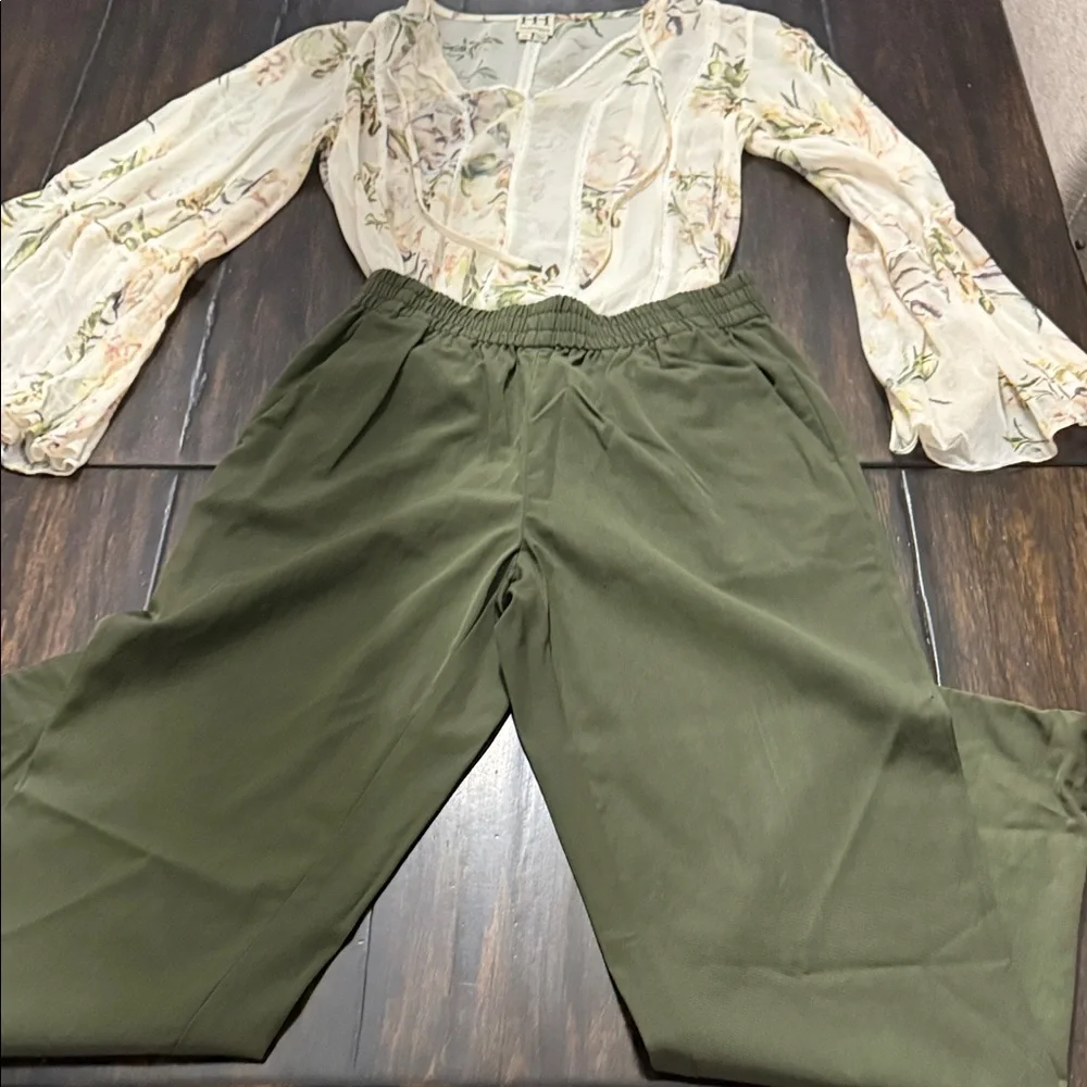 Haute Hippie Olive cream blouse with olive green pants